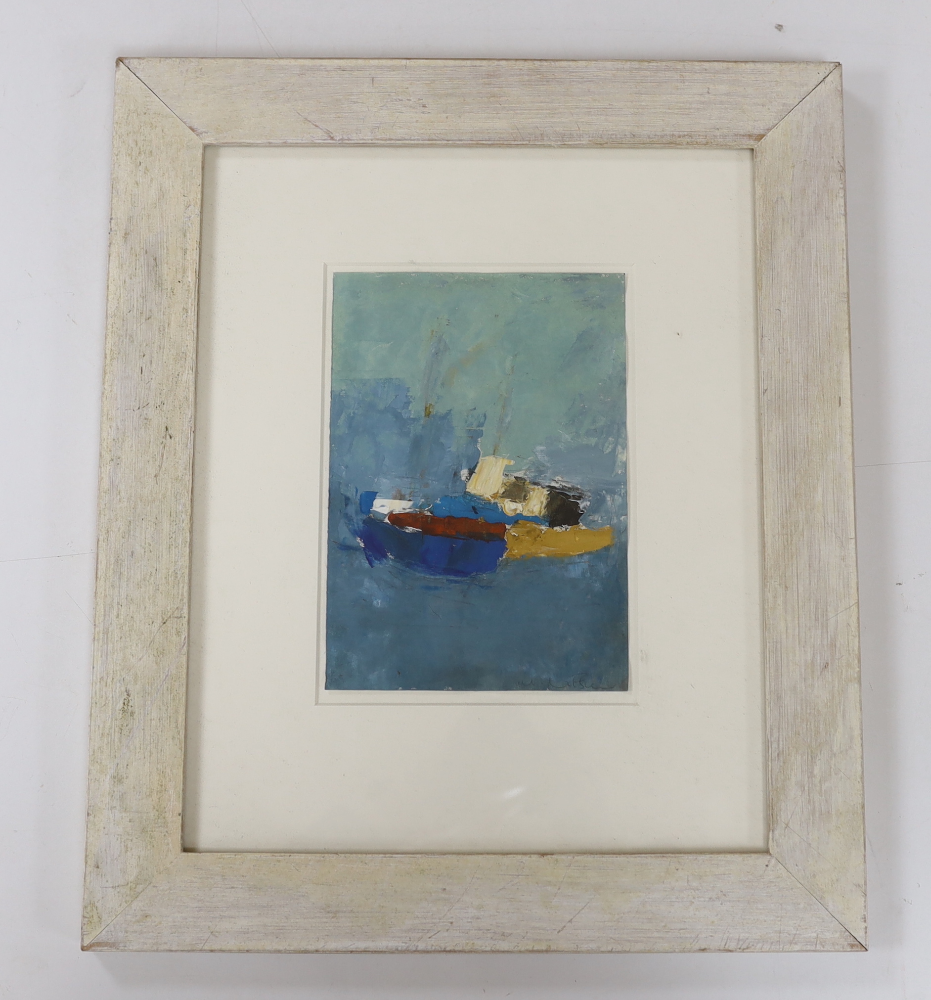 Morris Nitsun (b.1943) oil on paper, abstract composition with boats, signed, details verso, 21 x 15cm